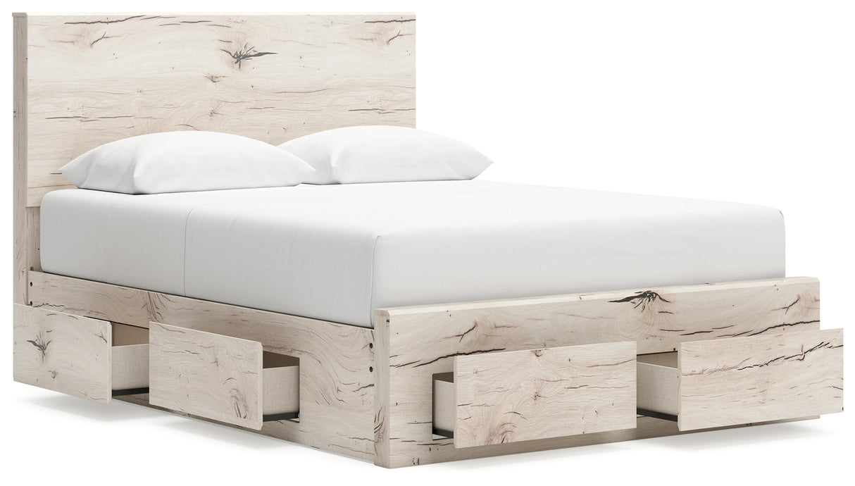 Lawroy Light Natural Queen Panel Storage Bed with Mirrored Dresser and Chest from Ashley Furniture - Luna Furniture