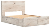 Lawroy Light Natural Queen Panel Storage Bed with Mirrored Dresser and Chest from Ashley Furniture - Luna Furniture