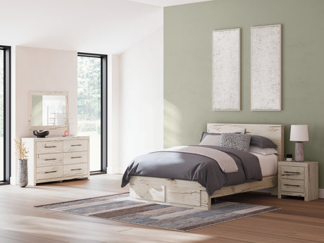 Lawroy Queen Panel Storage Bed with Mirrored Dresser and Nightstand in Light Natural from Ashley - Luna Furniture
