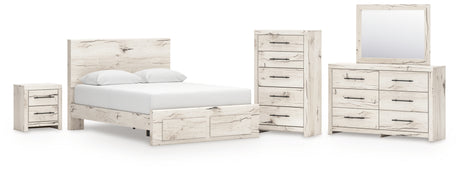 Lawroy Queen Panel Storage Bed with Mirrored Dresser, Chest and Nightstand in Light Natural from Ashley - Luna Furniture