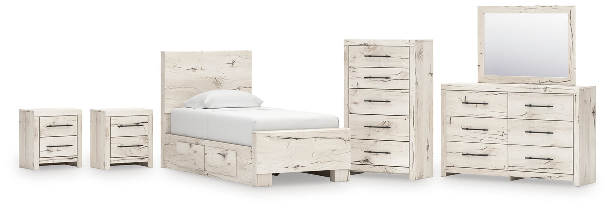 Lawroy Light Natural Twin Panel Bed with Mirrored Dresser, Chest and 2 Nightstands from Ashley - Luna Furniture