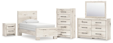 Lawroy Twin Panel Bed with Mirrored Dresser, Chest and Nightstand in Light Natural from Ashley - Luna Furniture