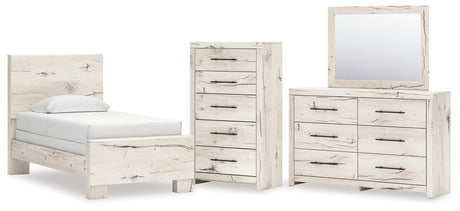 Lawroy Light Natural Twin Panel Bed with Storage with Mirrored Dresser and Chest from Ashley Furniture - Luna Furniture