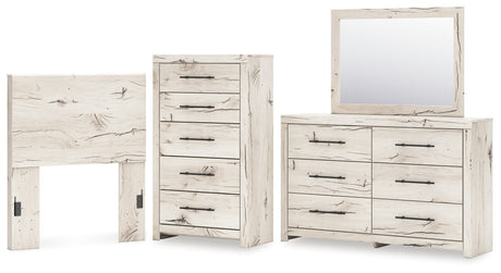 Lawroy Twin Panel Headboard with Mirrored Dresser and Chest in Light Natural from Ashley - Luna Furniture