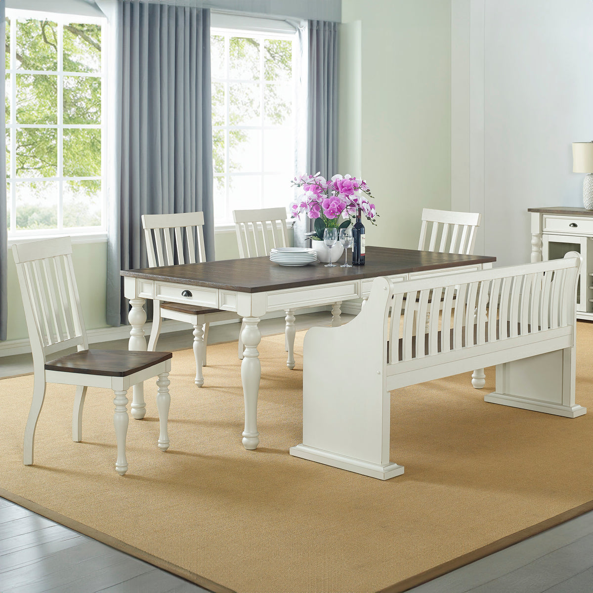 Joanna 6 Piece Bench Dining Set(Table, Bench with Back & 4 Side Chairs) from Steve Silver - Luna Furniture