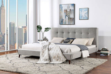 Leomin Gray California King Bed, tufted gray headboard and espresso legs, staged bedroom view