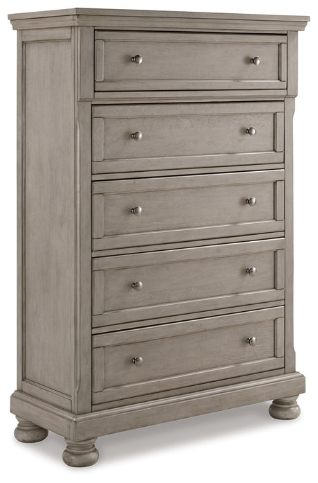 Lettner Light Gray California King Panel Bed with Mirrored Dresser and Chest from Ashley Furniture - Luna Furniture