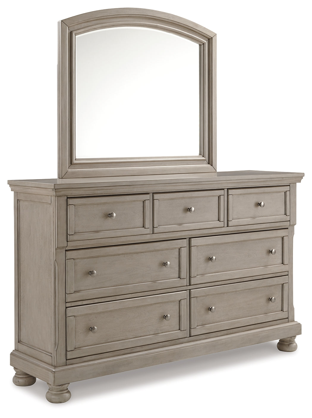 Lettner Light Gray King Panel Bed with Mirrored Dresser and 2 Nightstands from Ashley Furniture - Luna Furniture