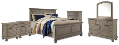 Lettner King Panel Bed with Mirrored Dresser, Chest and 2 Nightstands in Light Gray from Ashley - Luna Furniture