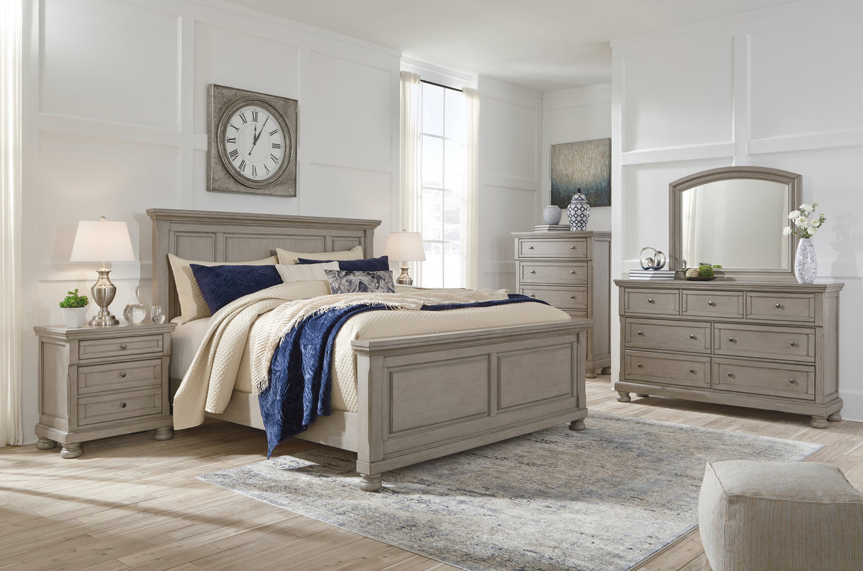 Lettner Light Gray Queen Panel Bed with Mirrored Dresser and 2 Nightstands from Ashley Furniture - Luna Furniture