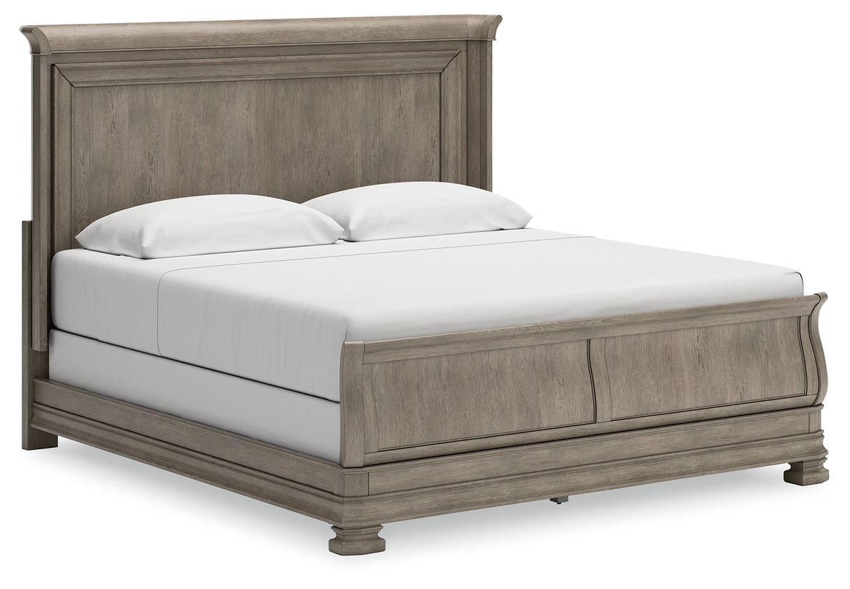 Lexorne King Sleigh Bed with Mirrored Dresser and 2 Nightstands in Gray from Ashley - Luna Furniture
