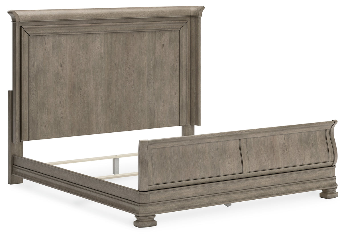 Lexorne King Sleigh Bed with Mirrored Dresser and 2 Nightstands in Gray from Ashley - Luna Furniture