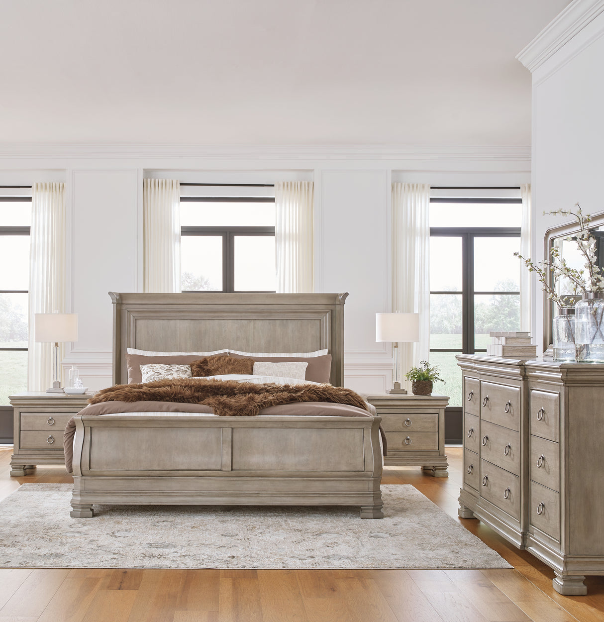 Lexorne King Sleigh Bed with Mirrored Dresser and 2 Nightstands in Gray from Ashley - Luna Furniture