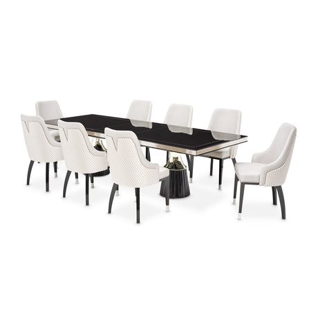 Carmela Glossy Charcoal Sand Pedestal Dining Table from Michael Amini - Luna Furniture