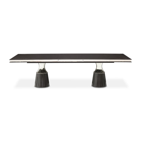 Carmela Glossy Charcoal Sand Pedestal Dining Table from Michael Amini - Luna Furniture