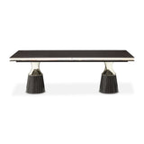 Carmela Glossy Charcoal Sand Pedestal Dining Table from Michael Amini - Luna Furniture