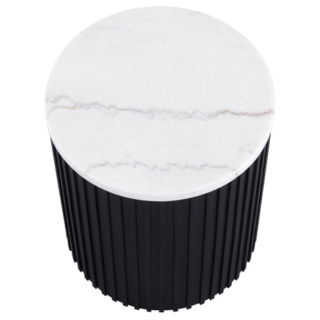 Colvin 18″ Round White Marble Top End Table, Black Finish from Steve Silver - Luna Furniture
