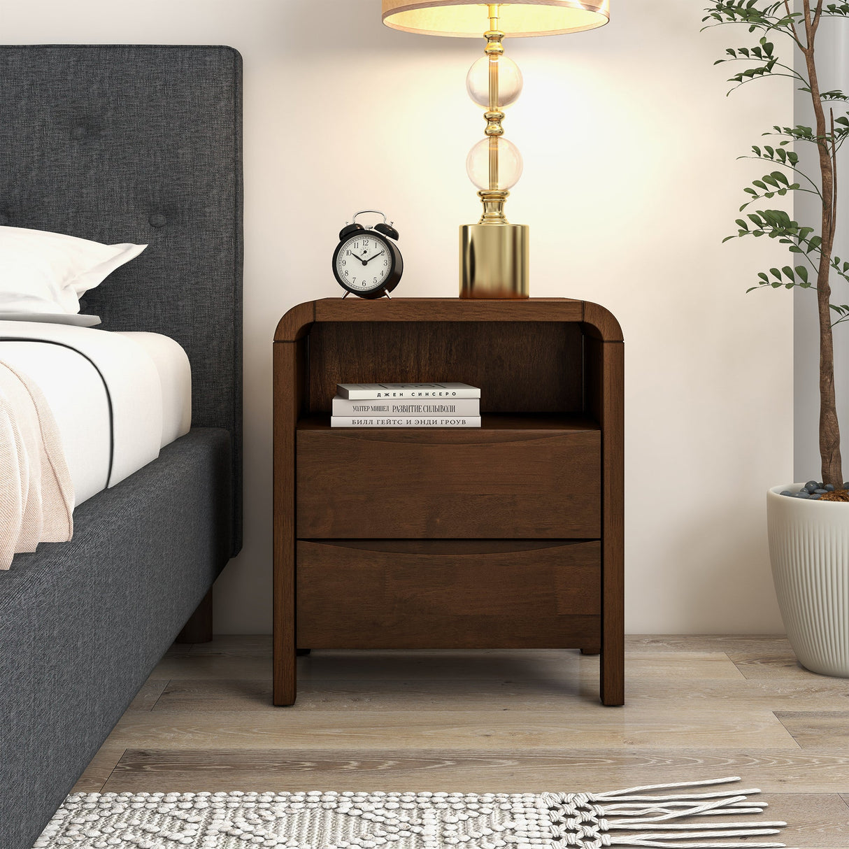 Lionel Walnut Brown Mid Century Modern Solid Wood Nightstand 2-Drawer from Ashcroft Furniture - Luna Furniture