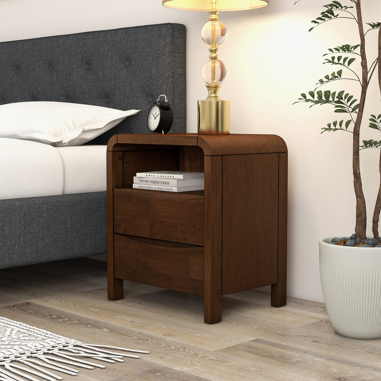 Lionel Walnut Brown Mid Century Modern Solid Wood Nightstand 2-Drawer from Ashcroft Furniture - Luna Furniture