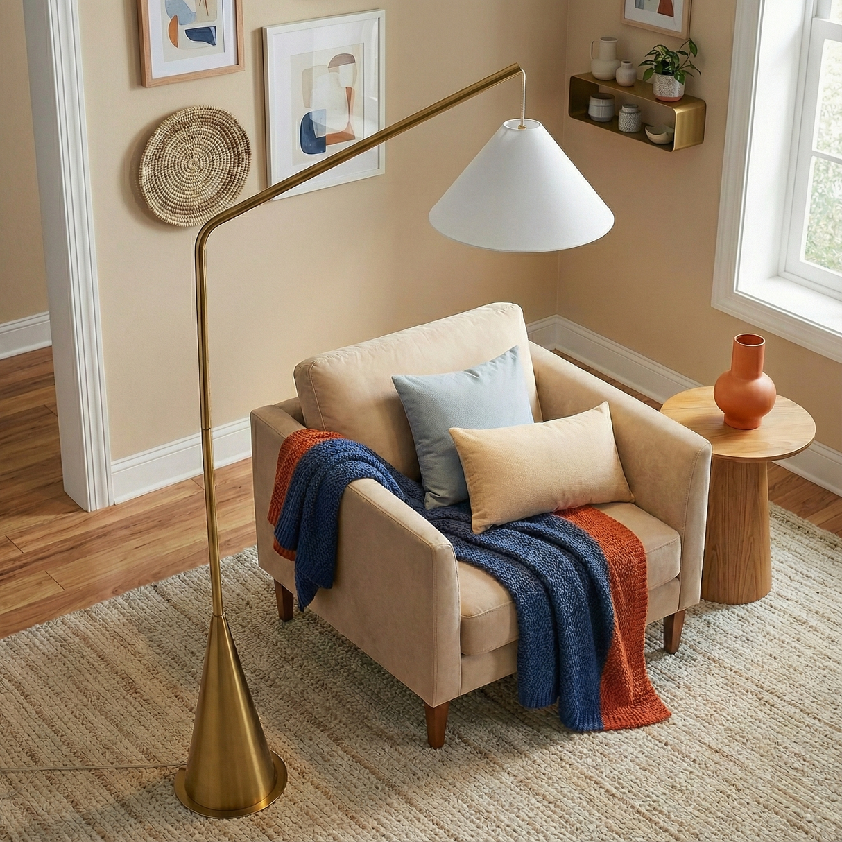 Lisbon Black Floor Lamp with On/Off Switch Coned Base Hanging White Fabric Shade from Ashcroft Furniture - Luna Furniture