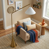 Lisbon Black Floor Lamp with On/Off Switch Coned Base Hanging White Fabric Shade from Ashcroft Furniture - Luna Furniture