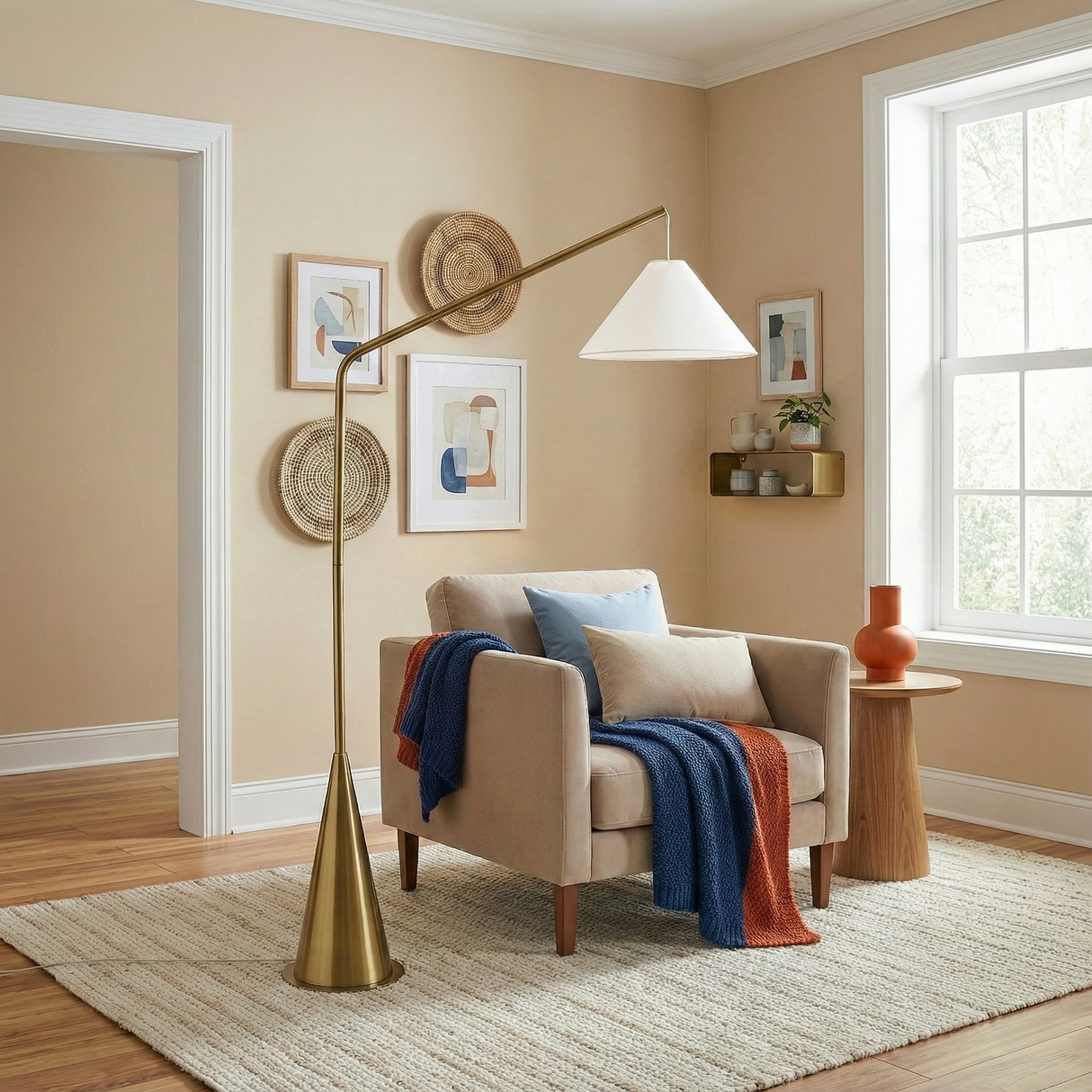 Lisbon Black Floor Lamp with On/Off Switch Coned Base Hanging White Fabric Shade from Ashcroft Furniture - Luna Furniture