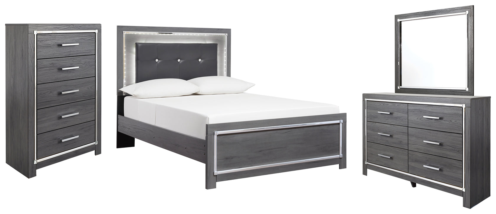 Lodanna Full Panel Bed with Mirrored Dresser and Chest in Gray from Ashley - Luna Furniture