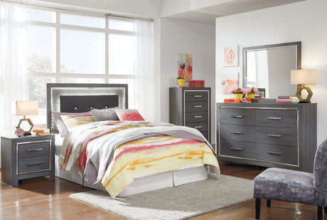 Lodanna Full Upholstered Panel Headboard Bed with Mirrored Dresser and 2 Nightstands in Gray from Ashley - Luna Furniture