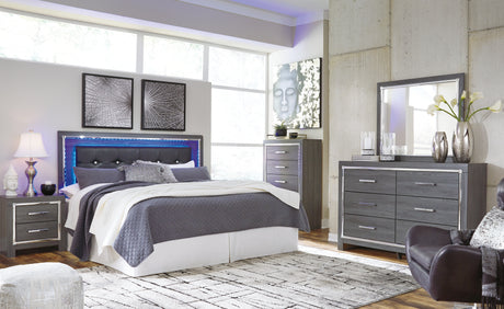 Lodanna Gray King/California King Upholstered Panel Headboard Bed with Mirrored Dresser and 2 Nightstands from Ashley Furniture - Luna Furniture