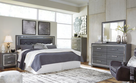 Lodanna Gray King/California King Upholstered Panel Headboard Bed with Mirrored Dresser and Chest from Ashley Furniture - Luna Furniture