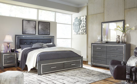 Lodanna Gray King Panel Bed with 2 Storage Drawers with Mirrored Dresser and Chest from Ashley Furniture - Luna Furniture
