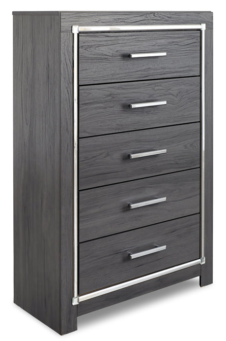 Lodanna Gray King Panel Bed with 2 Storage Drawers with Mirrored Dresser and Chest from Ashley Furniture - Luna Furniture