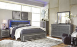 Lodanna Gray King Panel Bed with 2 Storage Drawers with Mirrored Dresser and Chest from Ashley Furniture - Luna Furniture