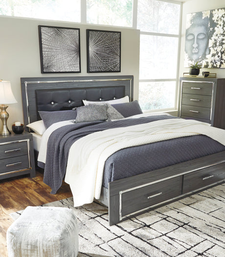 Lodanna King Panel Bed with 2 Storage Drawers with Mirrored Dresser and Nightstand in Gray from Ashley - Luna Furniture