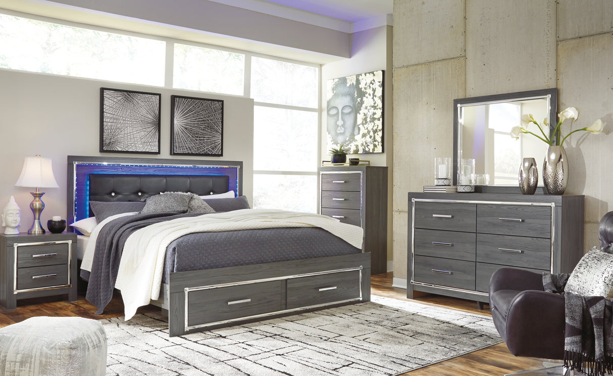 Lodanna King Panel Bed with 2 Storage Drawers with Mirrored Dresser, Chest and 2 Nightstands in Gray from Ashley - Luna Furniture