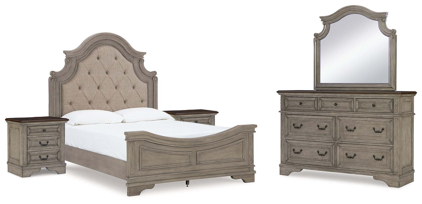 Lodenbay Queen Panel Bed with Mirrored Dresser and 2 Nightstands in Antique Gray from Ashley - Luna Furniture