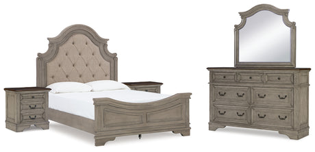 Lodenbay Queen Panel Bed with Mirrored Dresser and 2 Nightstands in Antique Gray from Ashley - Luna Furniture