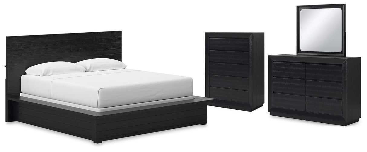 Londer California King Panel Bed with Mirrored Dresser and Chest in Black from Ashley - Luna Furniture
