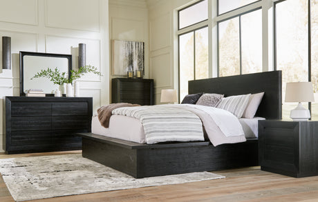 Londer California King Panel Bed with Mirrored Dresser, Chest and 2 Nightstands in Black from Ashley - Luna Furniture