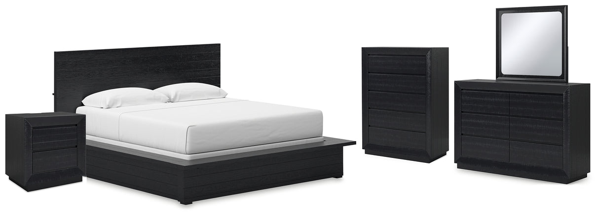 Londer California King Panel Bed with Mirrored Dresser, Chest and Nightstand in Black from Ashley - Luna Furniture