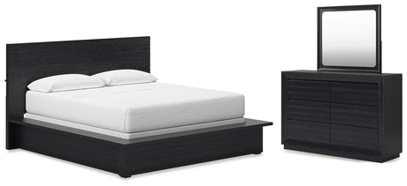 Londer California King Panel Bed with Mirrored Dresser in Black from Ashley - Luna Furniture