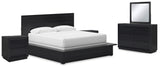 Londer King Panel Bed with Mirrored Dresser and 2 Nightstands in Black from Ashley - Luna Furniture