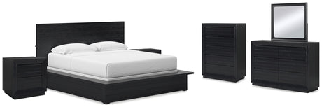 Londer King Panel Bed with Mirrored Dresser, Chest and 2 Nightstands in Black from Ashley - Luna Furniture