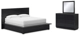 Londer King Panel Bed with Mirrored Dresser in Black from Ashley - Luna Furniture