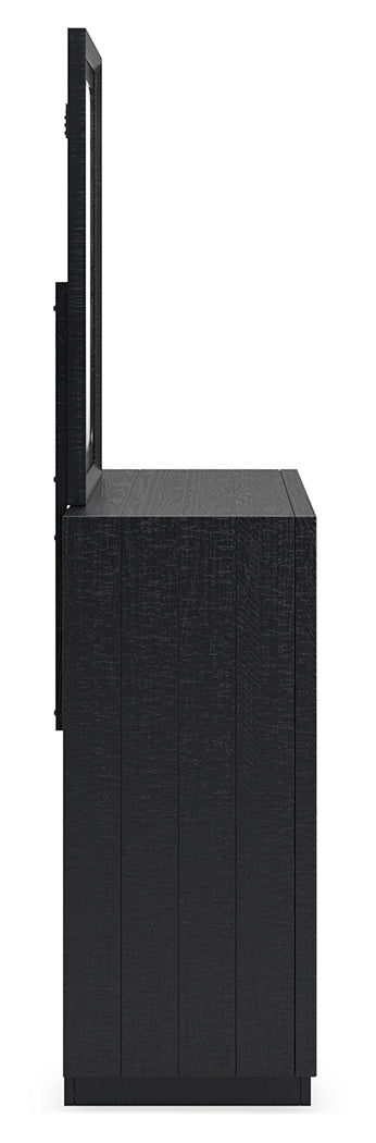 Londer King Panel Bed with Mirrored Dresser in Black from Ashley - Luna Furniture