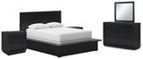 Londer Queen Panel Bed with Mirrored Dresser and 2 Nightstands in Black from Ashley - Luna Furniture
