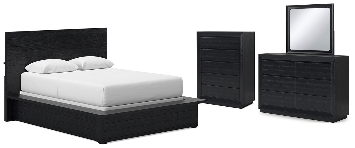 Londer Queen Panel Bed with Mirrored Dresser and Chest in Black from Ashley - Luna Furniture