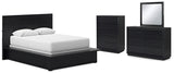 Londer Queen Panel Bed with Mirrored Dresser and Chest in Black from Ashley - Luna Furniture