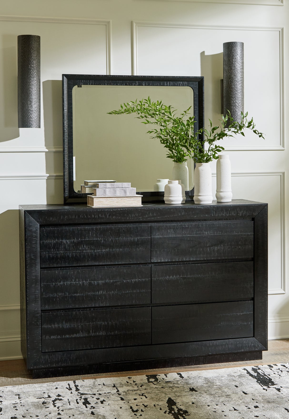 Londer Queen Panel Bed with Mirrored Dresser and Chest in Black from Ashley - Luna Furniture