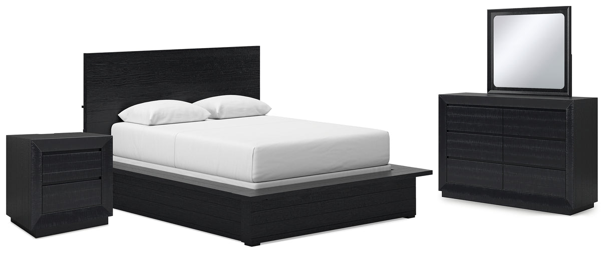 Londer Queen Panel Bed with Mirrored Dresser and Nightstand in Black from Ashley - Luna Furniture